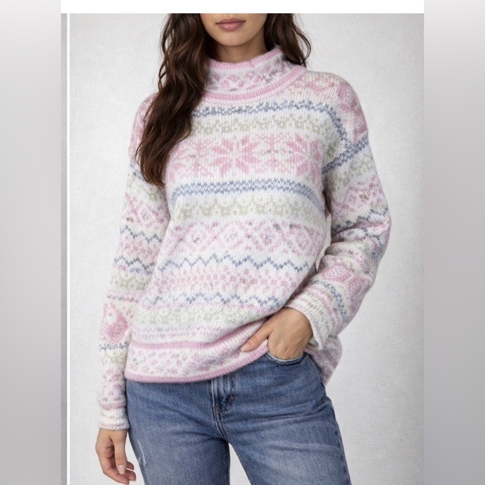 Vintage Snowflake Pastel Fair Isle Fuzzy Knit 80s Retro Winter Ski Sweater Sz M
